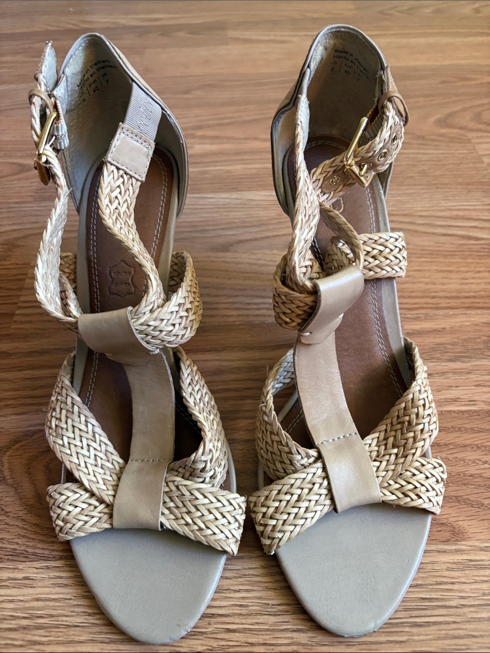 Aldo Braided Tan Wedge Sandals with Gold Buckle